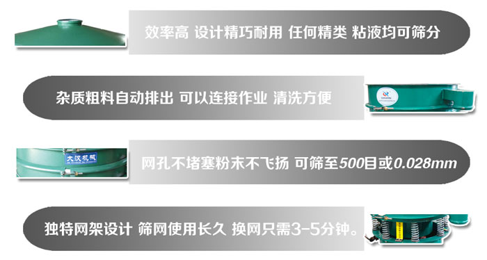 直徑1000mm振動(dòng)篩的特點(diǎn)：效率高，設(shè)計(jì)精巧耐用，任何精類(lèi)，粘液均可篩分，雜質(zhì)粗料自動(dòng)排出，可以連接作業(yè)，清洗方便。網(wǎng)孔不堵塞粉末不飛揚(yáng)，可篩至500目或0。028mm篩網(wǎng)使用長(zhǎng)久，換網(wǎng)只需3-5分鐘。