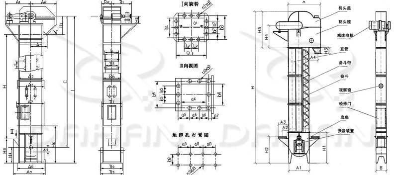 TD/D型斗式提升機(jī)基本結(jié)構(gòu):機(jī)頭蓋，機(jī)頭座，減速電機(jī)，直管，底座，緊張裝置等。