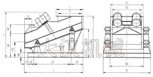 ZSG礦用振動(dòng)篩外形示意圖：B為礦用振動(dòng)篩寬度，L為礦用振動(dòng)篩長(zhǎng)度。H為礦用振動(dòng)篩高度等。