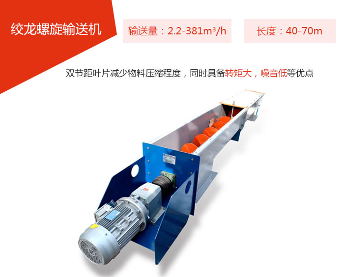 絞龍螺旋輸送機(jī)輸送量：2.2-381m3/h 長度：40-70m 雙節(jié)距葉片減少物料壓縮程度，同時(shí)具備轉(zhuǎn)矩大，噪音低等優(yōu)點(diǎn)。