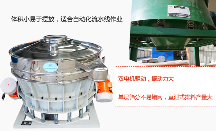 雙電機驅(qū)動，振動力大，單層篩分不易堵網(wǎng)，直泄式排料產(chǎn)量大